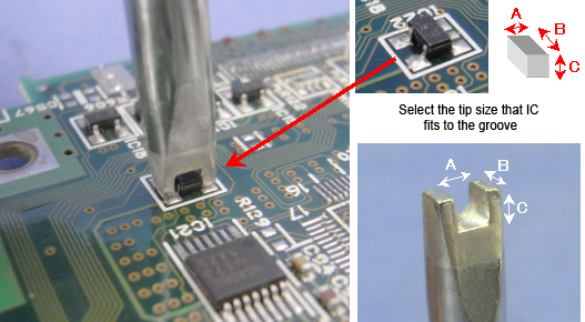 This shape has a groove at the tip end. It is suitable for removing ICs.