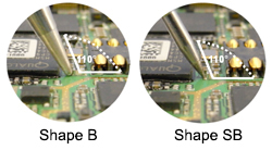 When soldering with “900M-T-B”, tip end can touch the chip on the left side even if your hand shakes a little.
